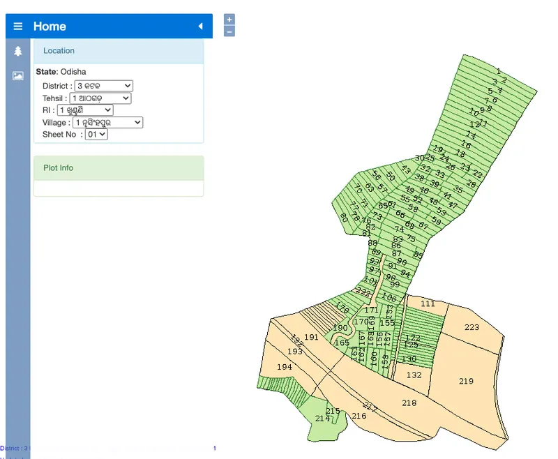 The Bhu Naksha map viewer: the Location panel with district, tehsil, RI, village and sheet lists in Odia, beside a village map