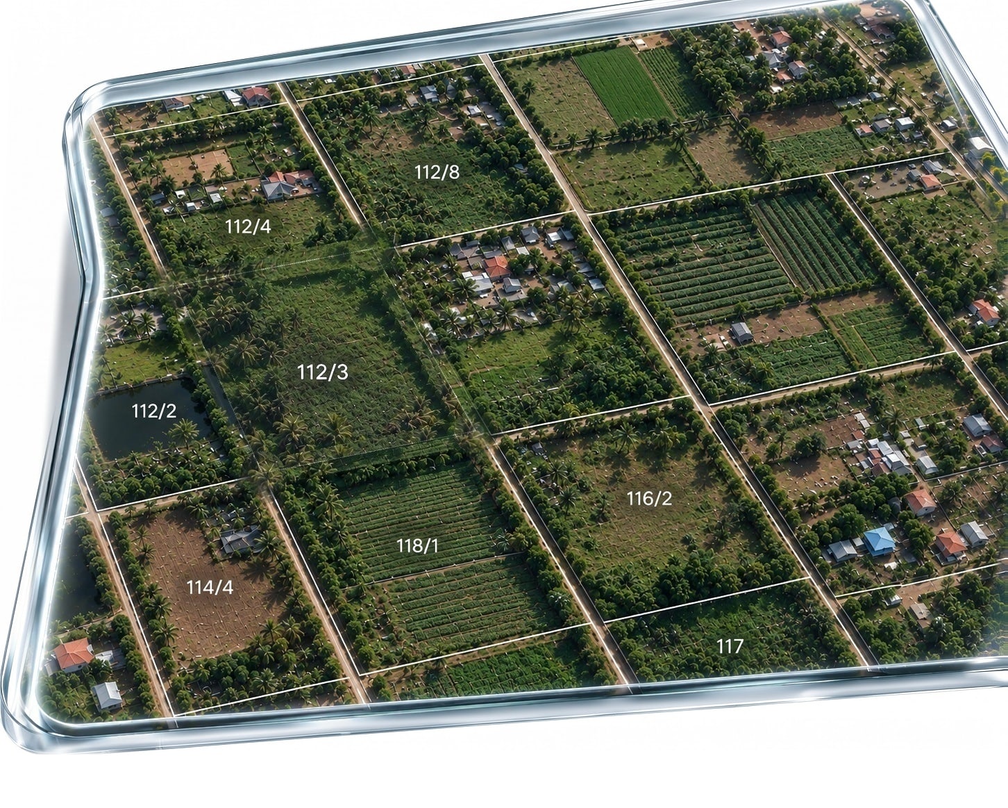 Aerial cadastral map with plot boundaries